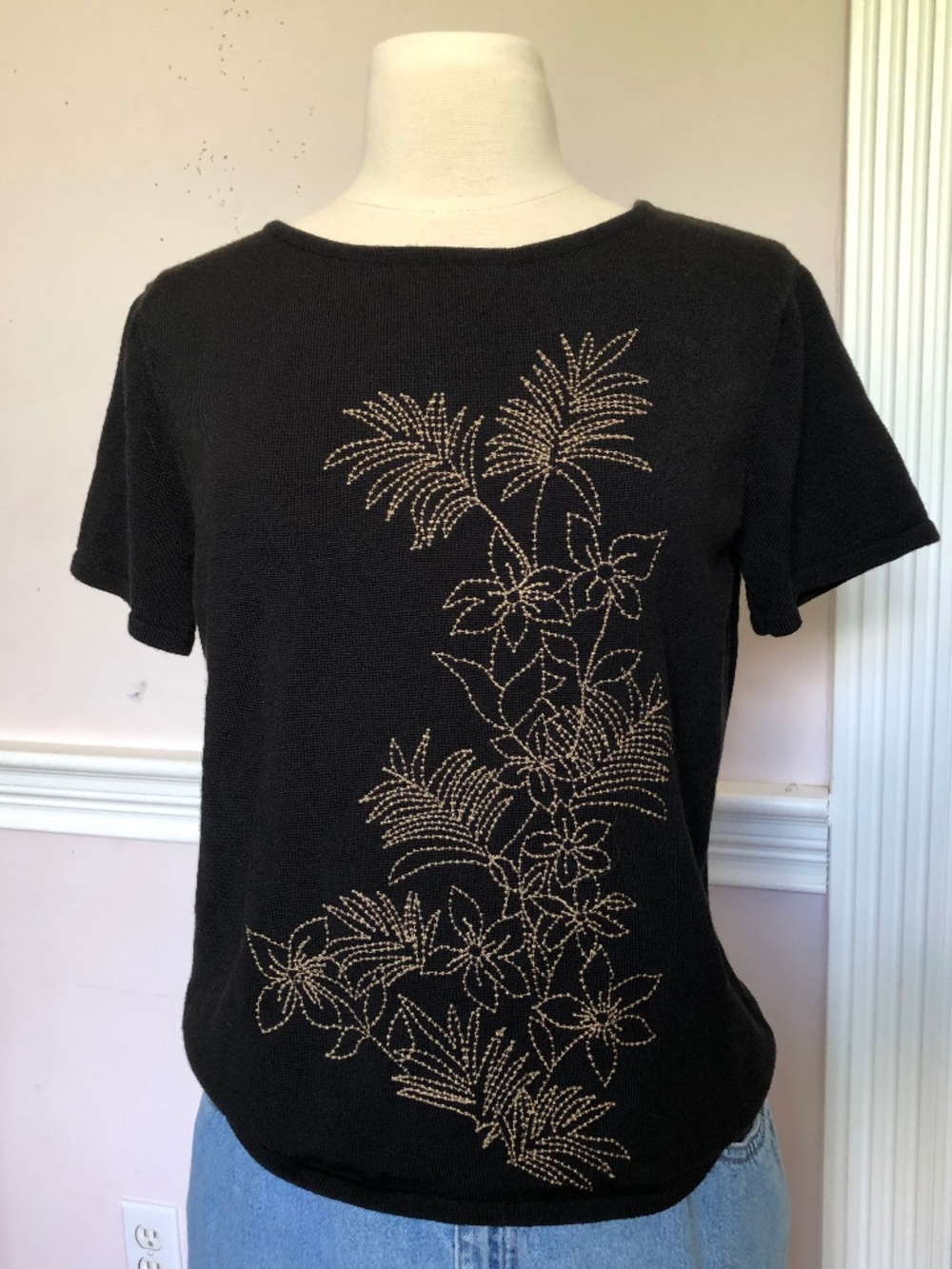 Black Short Sleeve Embroidered Shirt